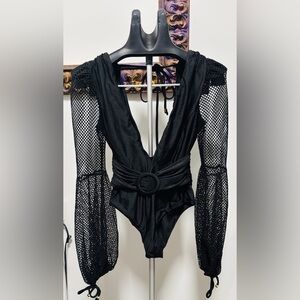PatBO Anthropology Black Crochet Sleeves, Plunge Belted One Piece Swimsuit M